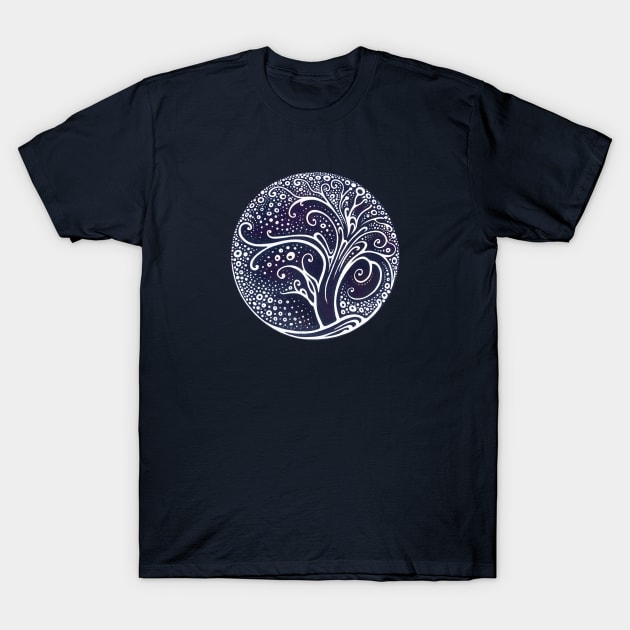 Starry night with a tree and snow T-Shirt by Yulla